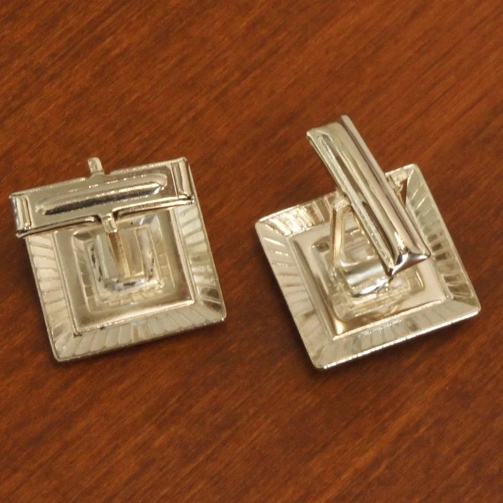 Silver Tone Black Inset Cufflinks Geometric Square Art Deco Style Pair
